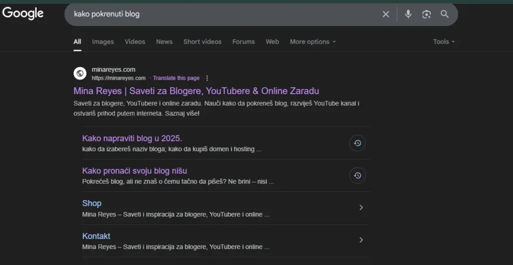 Blog + Google: Kako da tvoj blog stigne na 1 stranu Google-a (i ostane tamo) 1 Rezultat pretrage "kako pokrenuti blog" na Google-u sa prikazanim sajtom minareyes.com na prvom mestu