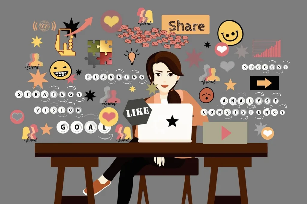Kako pronaći svoju blog nišu – piši o pravoj temi za publiku i 100 % zaradu 2 Ilustracija blogerke kako planira sadržaj i strategiju za blog nišu za nišni blog