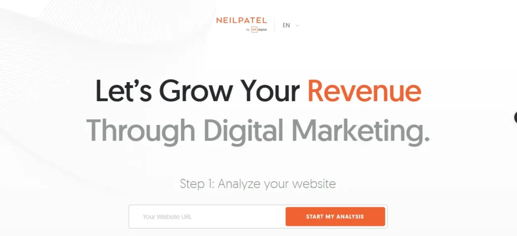 Blog + Google: Kako da tvoj blog stigne na 1 stranu Google-a (i ostane tamo) 2 Naslovna stranica Neil Patel sajta sa porukom "Let's grow your revenue through digital marketing" i opcijom za analizu sajta i pronalazak ključnih reči